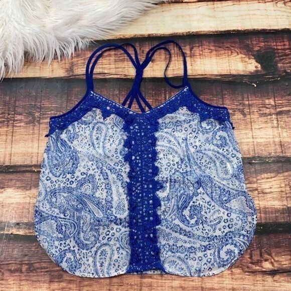 $5 SALE! Blue Paisley Strappy Tank Top Sheer - Picture 1 of 7